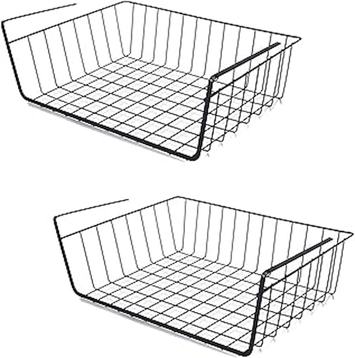 Feronya 2 Adet Paslanmaz Metal Kanguru Raf Altı Sepeti [SİYAH] Raf Çelik Sepet Askılı Raf Düzenleyici Sepet
