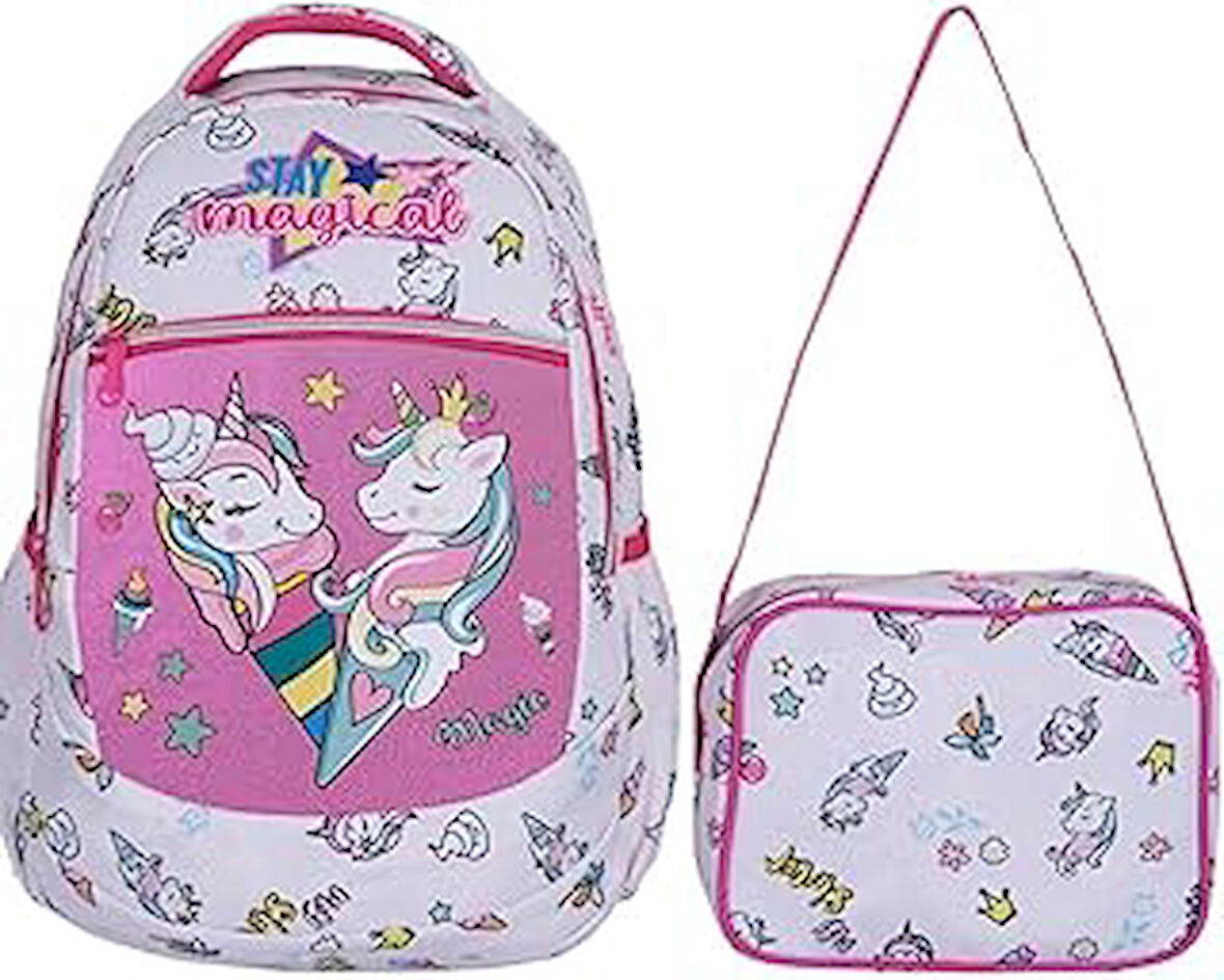 ilkokul Okul Sırt çantası Kız Beslenme çantalı Ortopedik 2li Set Okul çanta At Model Pembe
