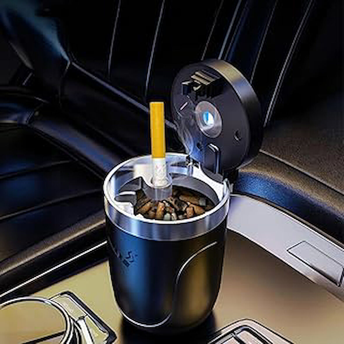 Coofbe Premium Car Ashtray Led Işıklı Taşınabilir Kapaklı Araba Küllük Kül Tablası Yıkanabilir Küllük