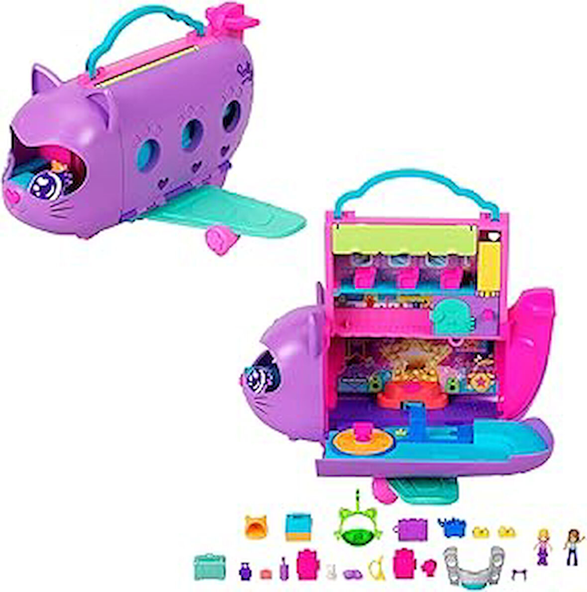 Polly Pocket Bebekler ve Oyun Seti, Kitty Airways Uçak, 2 Mikro Bebek, Evcil Hayvan, Eğirme Sahne ve Aksesuarları ile Seyahat Oyuncağı