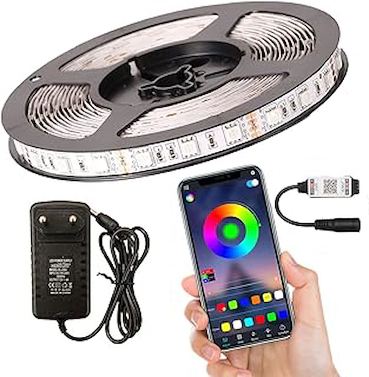 RGB Şerit Led Set Tak Çalıştır Bluetoothlu ve Müziğe Duyarlı 5050 3 Çipli İç Mekan Silikonsuz