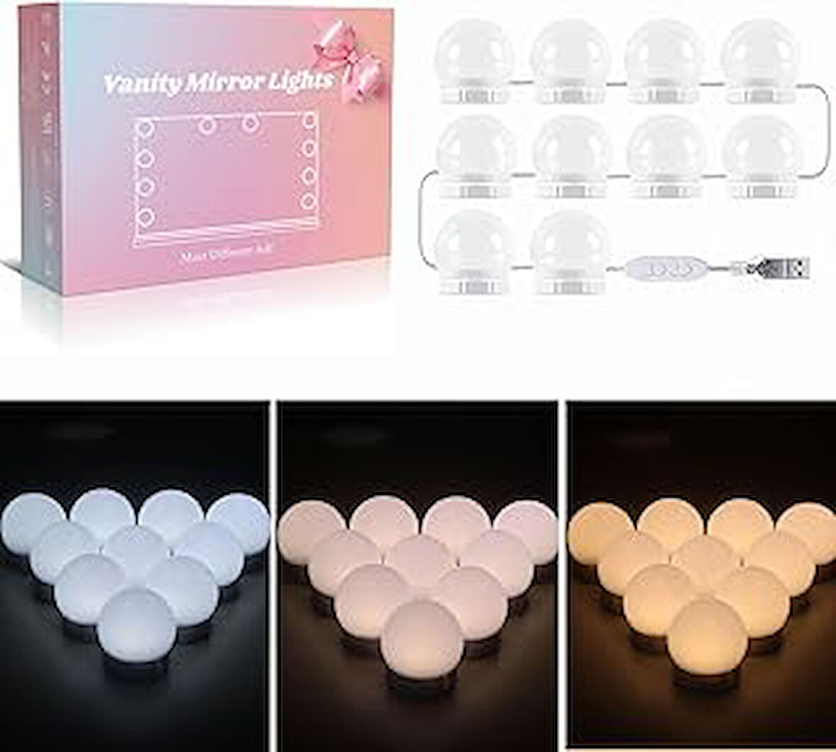 Akynite Ayna lambası, USB, LED ayna lambası, Hollywood tarzı, şalterli, 10 x kısılabilir makyaj ışığı, makyaj ışığı, 3 renk modu ve 10 parlaklık, makyaj masası için ayna aydınlatması, kozmetik aynası