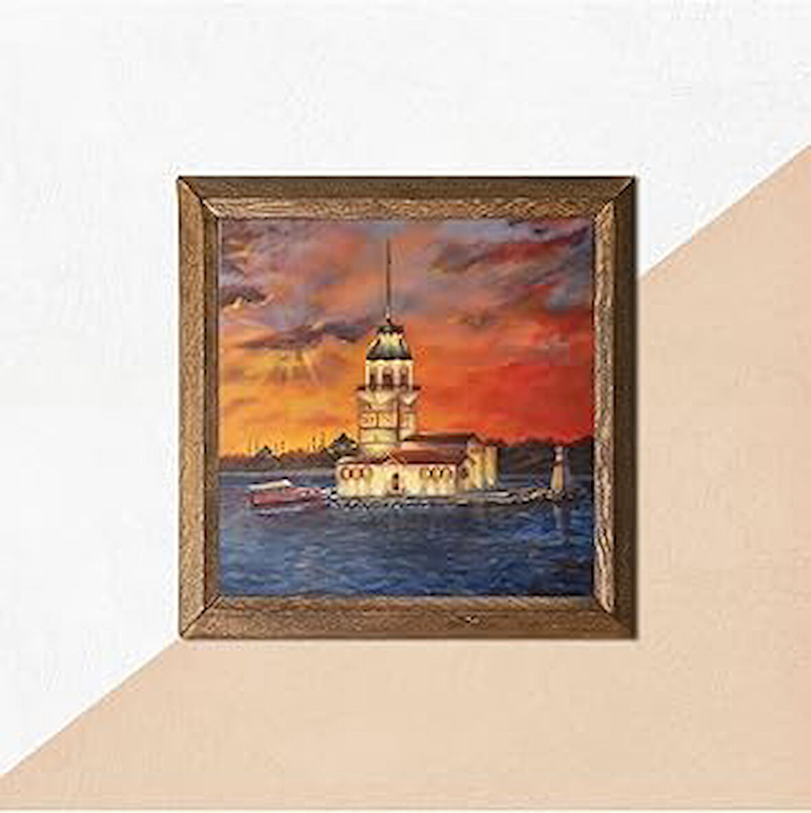 Pinecone İstanbul Kız Kulesi Taş Duvar Tablosu Ahşap Çerçeveli Duvar Dekoru Wall Art 25x25cm W1-88