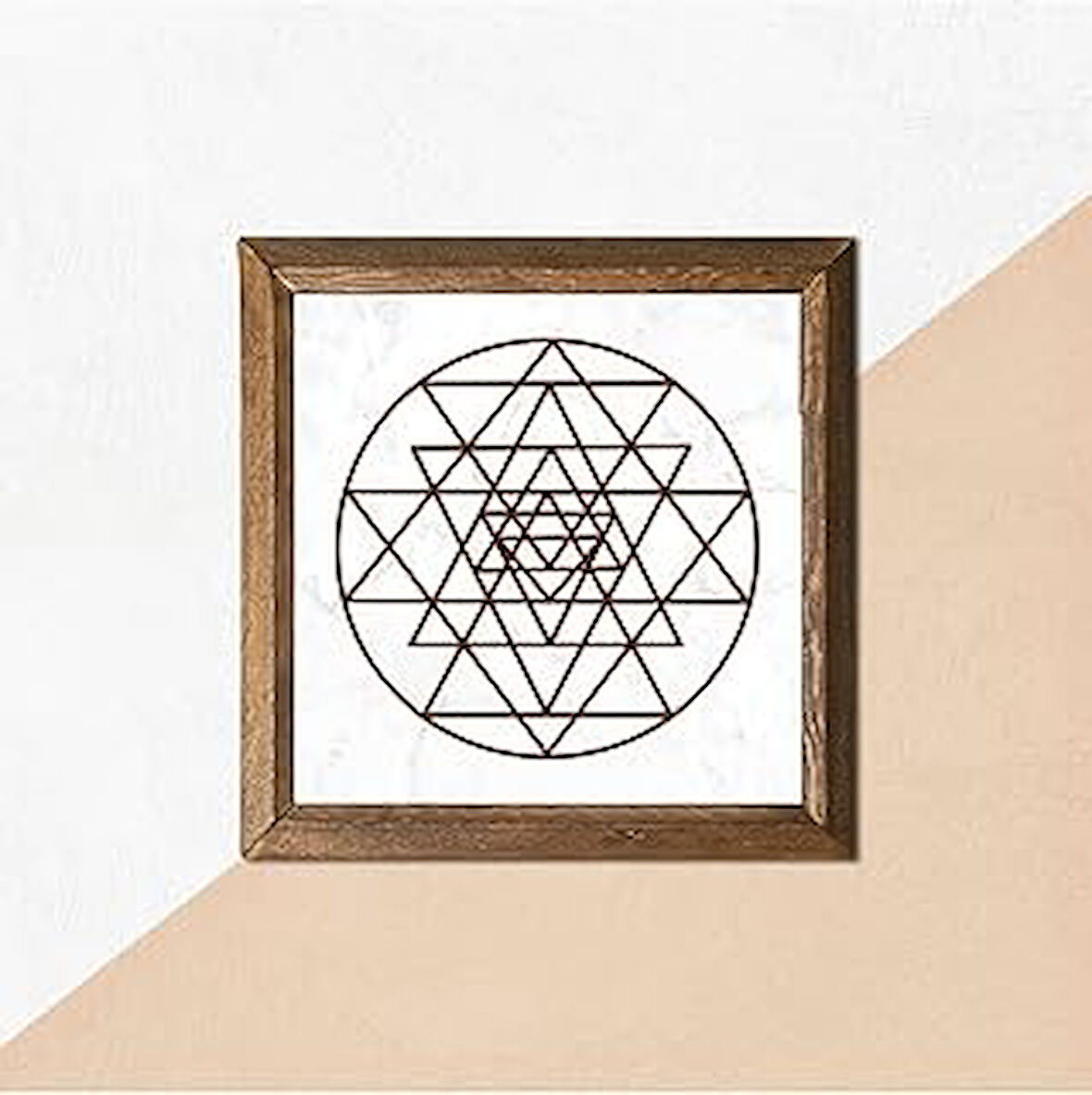 Pinecone Sri Yantra Taş Duvar Tablosu Ahşap Çerçeveli Duvar Dekoru Wall Art 25x25cm W1-175