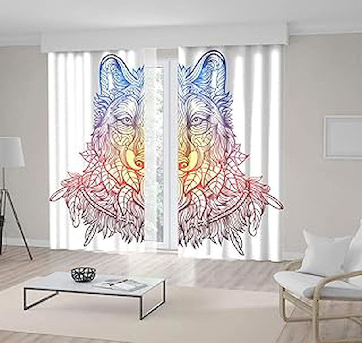 Henge Home Baskılı Fon Perde Kurt Etnik Çiçek Desenli Çok Renkli Çift Kanat : 300cm X 220cm