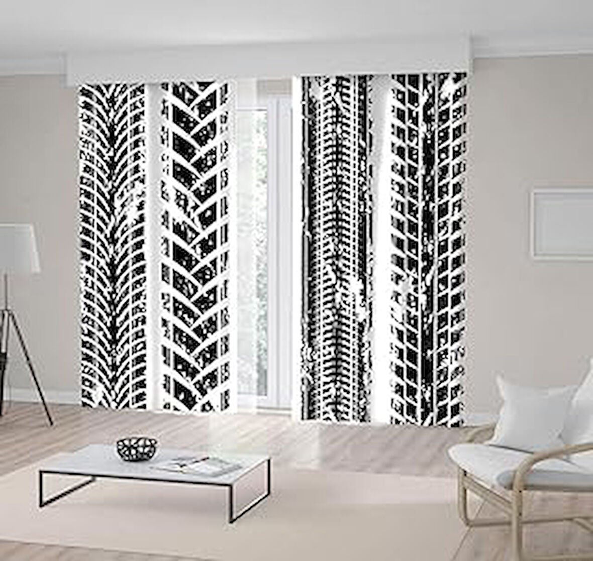 Henge Home Baskılı Fon Perde Lastik İzi Deseni Siyah Beyaz Çift Kanat : 300cm X 220cm