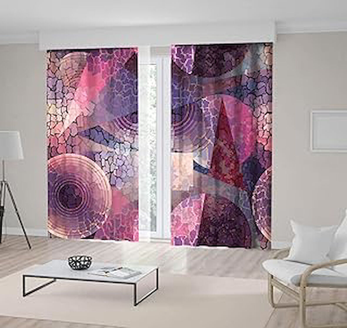 Henge Home Baskılı Fon Perde Geometrik Desenli Çatlak Efekt Mor Çift Kanat : 300cm X 240cm