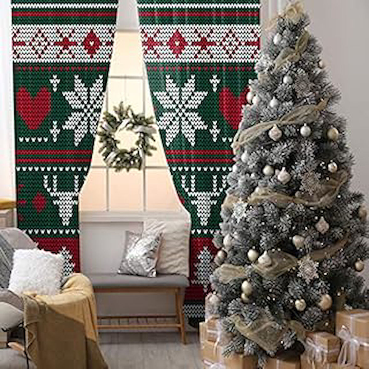 Henge Home Baskılı Fon Perde Yılbaşı Noel Geyikli Örgü Desen Yeşil Kırmızı Beyaz Tek Kanat : 150cm X 160cm