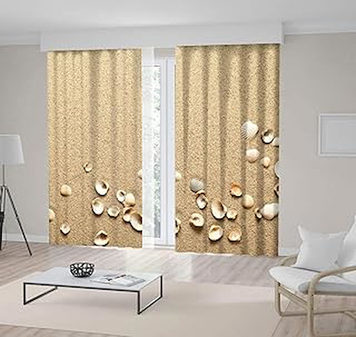 Henge Home Baskılı Fon Perde Kumsal Deniz Kabuğu Deseni Çift Kanat : 300cm X 255cm