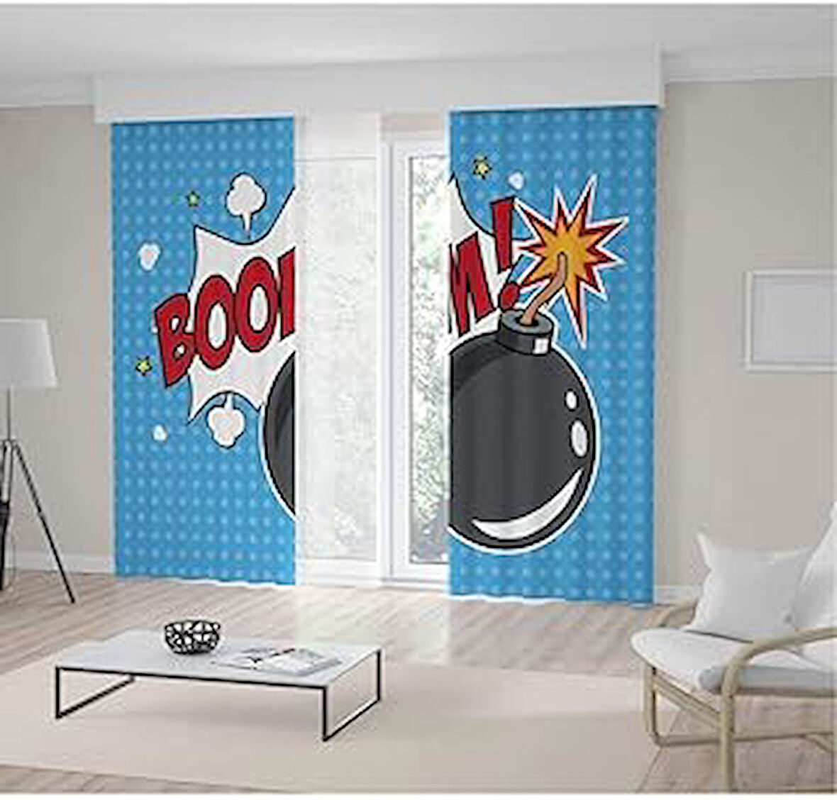 Henge Home Baskılı Fon Perde Mavi Pop-Art Sanatı Etkili Bomba Desenli Tek Kanat : 150cm X 160cm