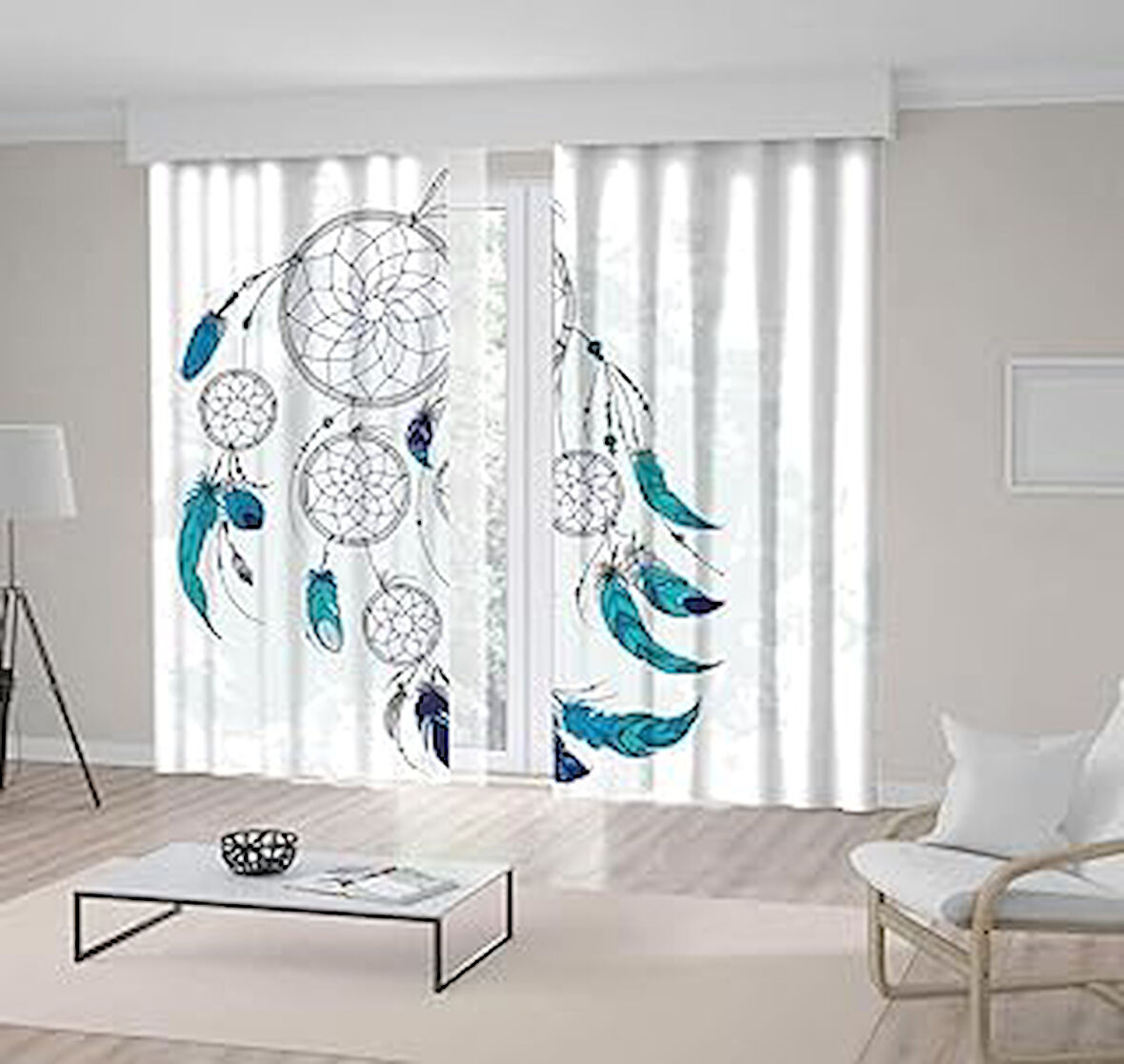 Henge Home Baskılı Fon Perde Rüya Kapanı Desenli Tüy Turkuaz Mavi Tek Kanat : 150cm X 220cm