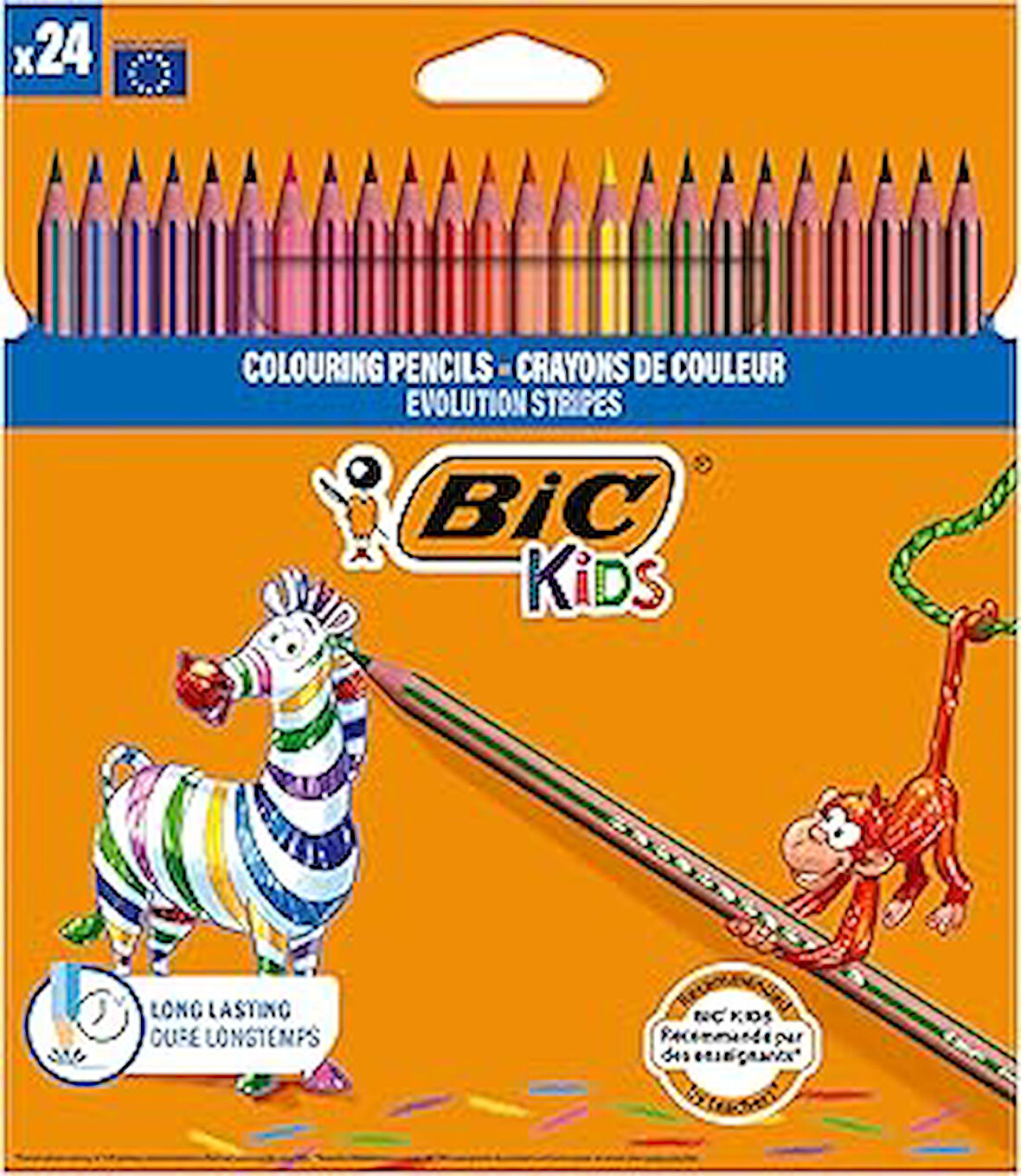 BIC Kids Evolution Stripes Kuru Boya Kalemi, 24'lü Kutu, Kıymık Oluşturmaz, Çiğnemeye Karşı Dayanıklı, Kolay Açılır