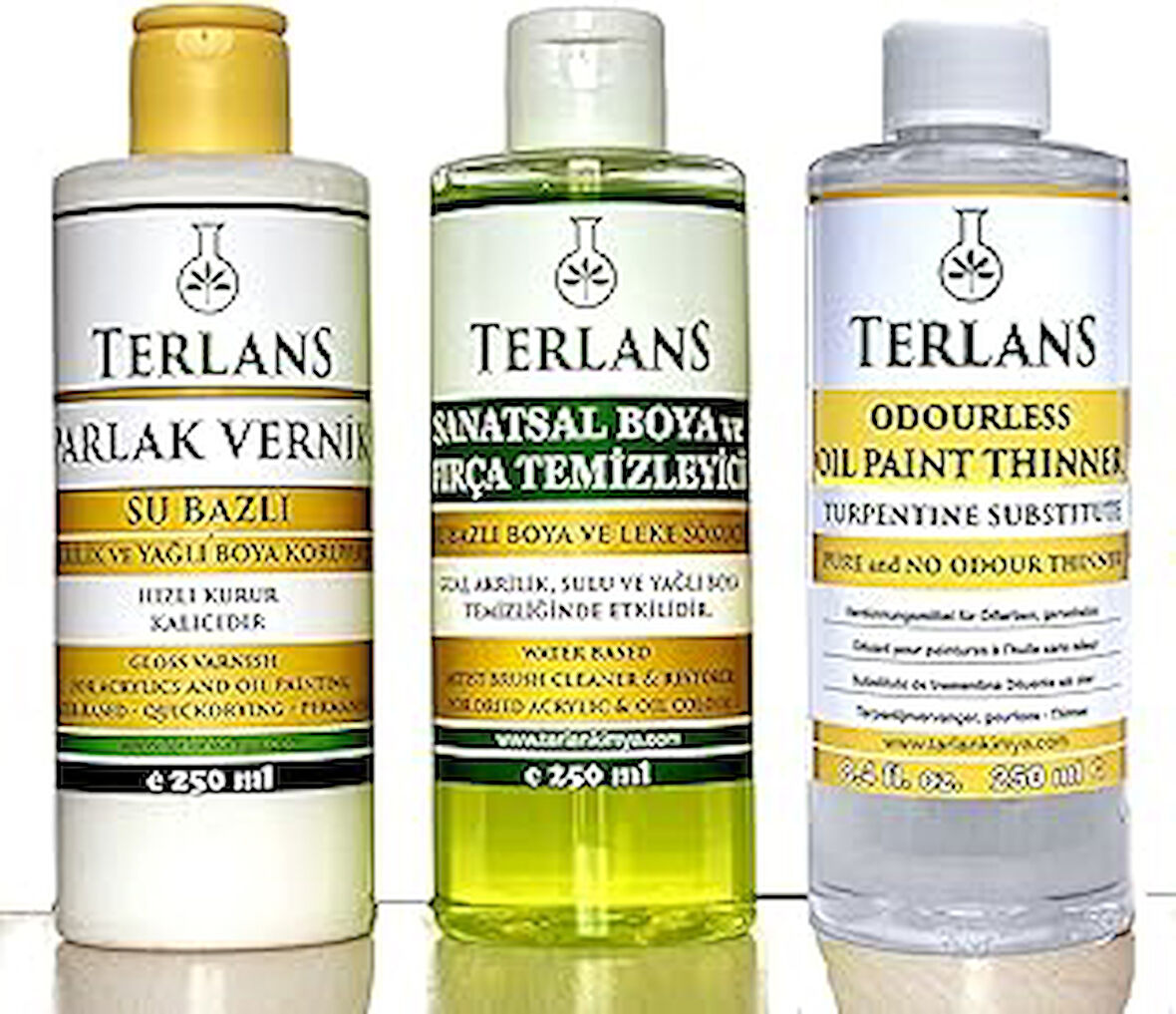 Terlans Yağlı Boya Seti Yardımcı Malzemeler Terebentin - Vernik - Boya Temizleyici 3 x 250 ml