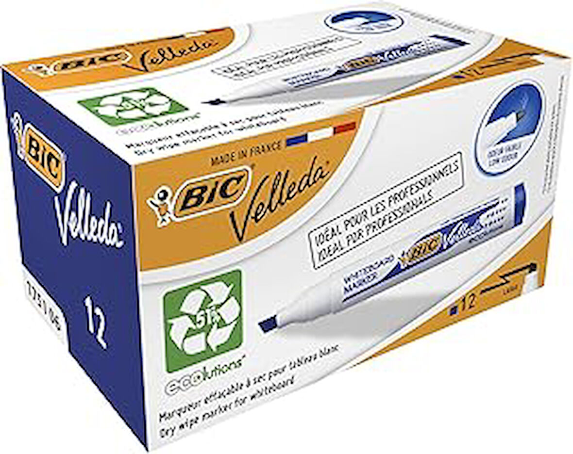 BIC Velleda 1751 Eco Kesik Uçlu Beyaz Tahta Kalemi, Mavi, 12'li Kutu, 3,7 mm ile 5,5 mm Kalın Uç,Kuru Silinebilir Mürekkep