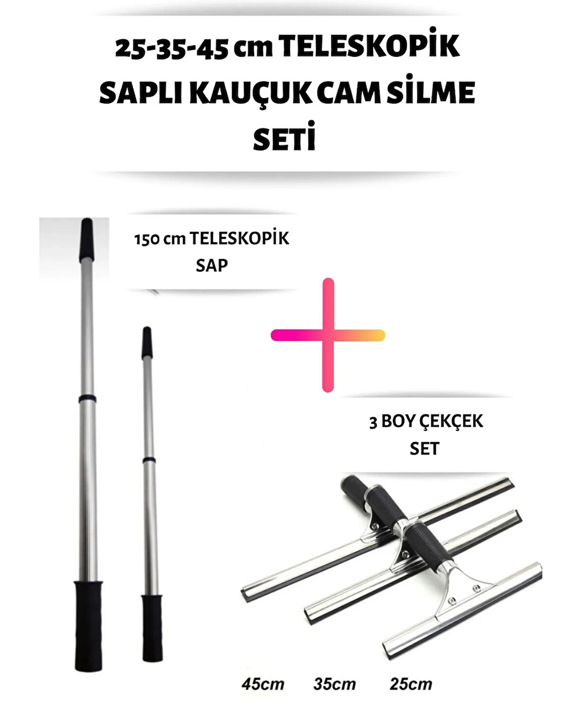 Cam Silme Seti Teleskopik Saplı 3 Boy Çekçek Silecek 1,5 Metre Metal Sap Pratik Kullanışlı Pencere Yıkama