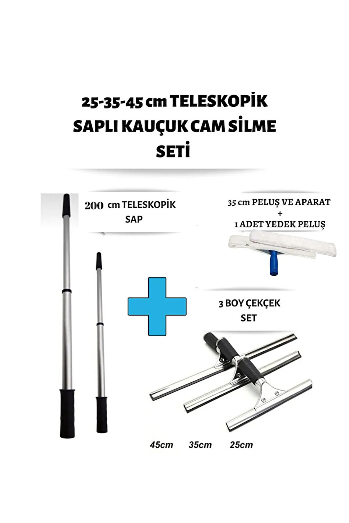 Cam Silme Seti 3 Boy Çekçek 2 Metre Metal Teleskopik Sap 35 Peluş Ve 1 Yedek Pratik Kullanışlı