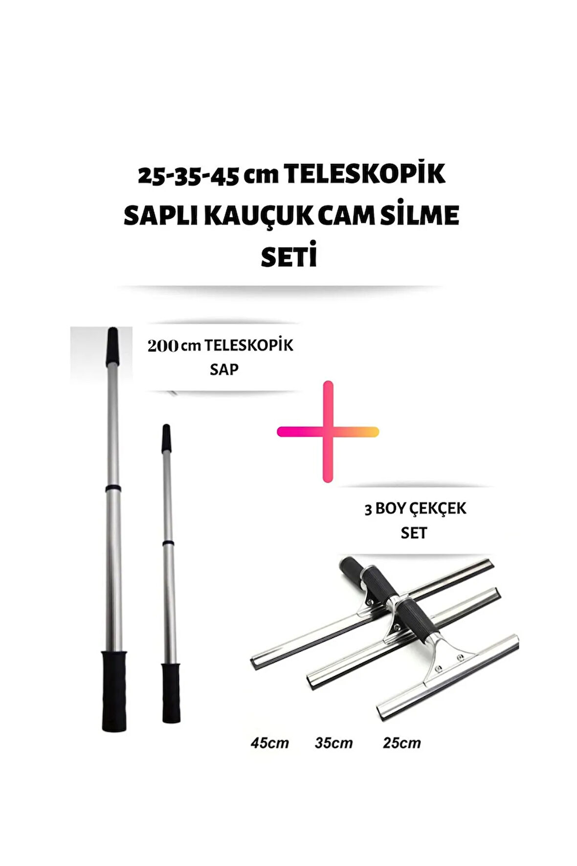 Cam Silme Seti Teleskopik Saplı 3 Boy Çekçek 2 Metre Metal Sopa Pratik Kullanışlı Pencere Yıkama