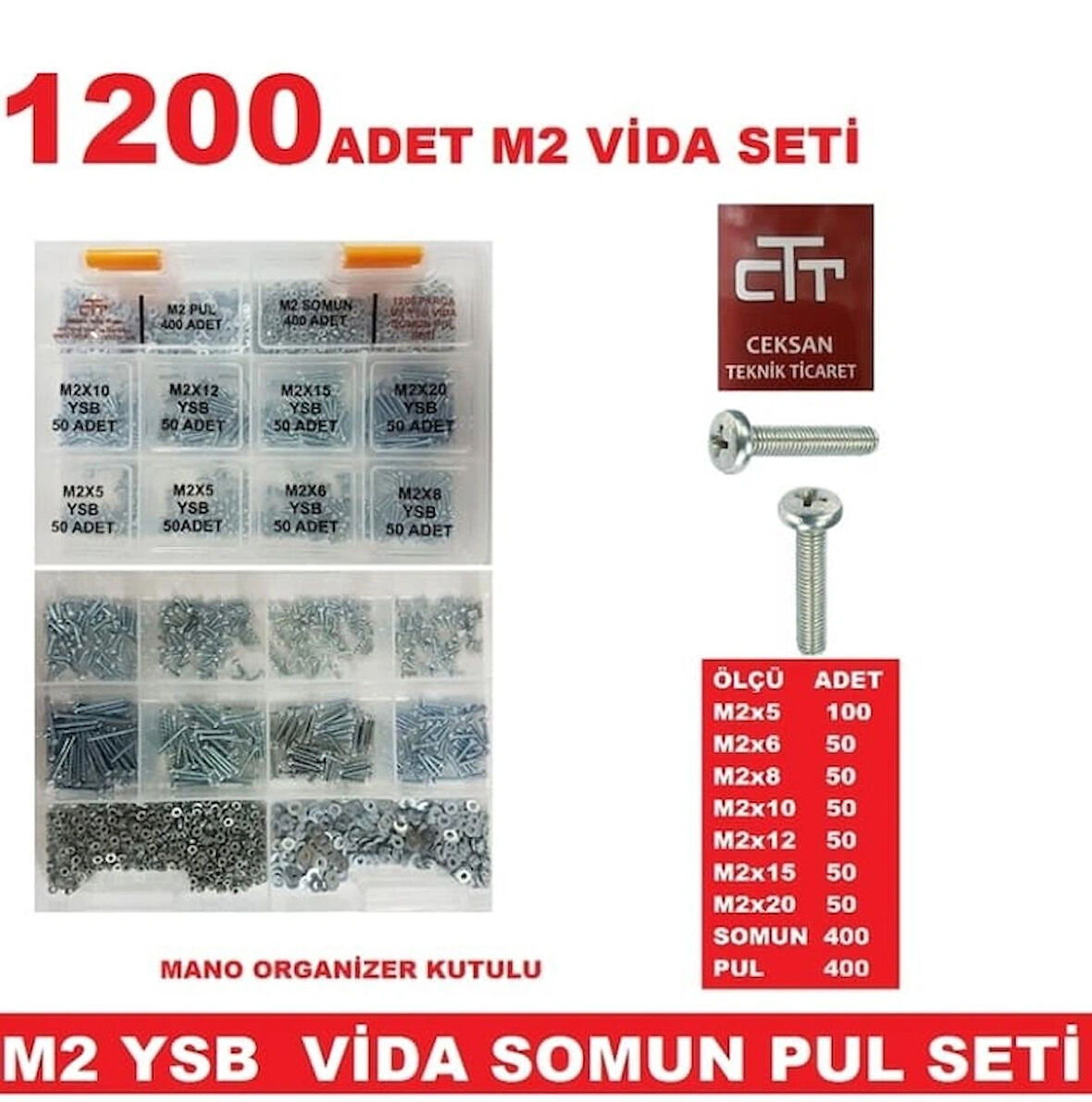 M2 Ysb Vida Seti 1200 Parça Metrik 2 MM Somun Vida Seti