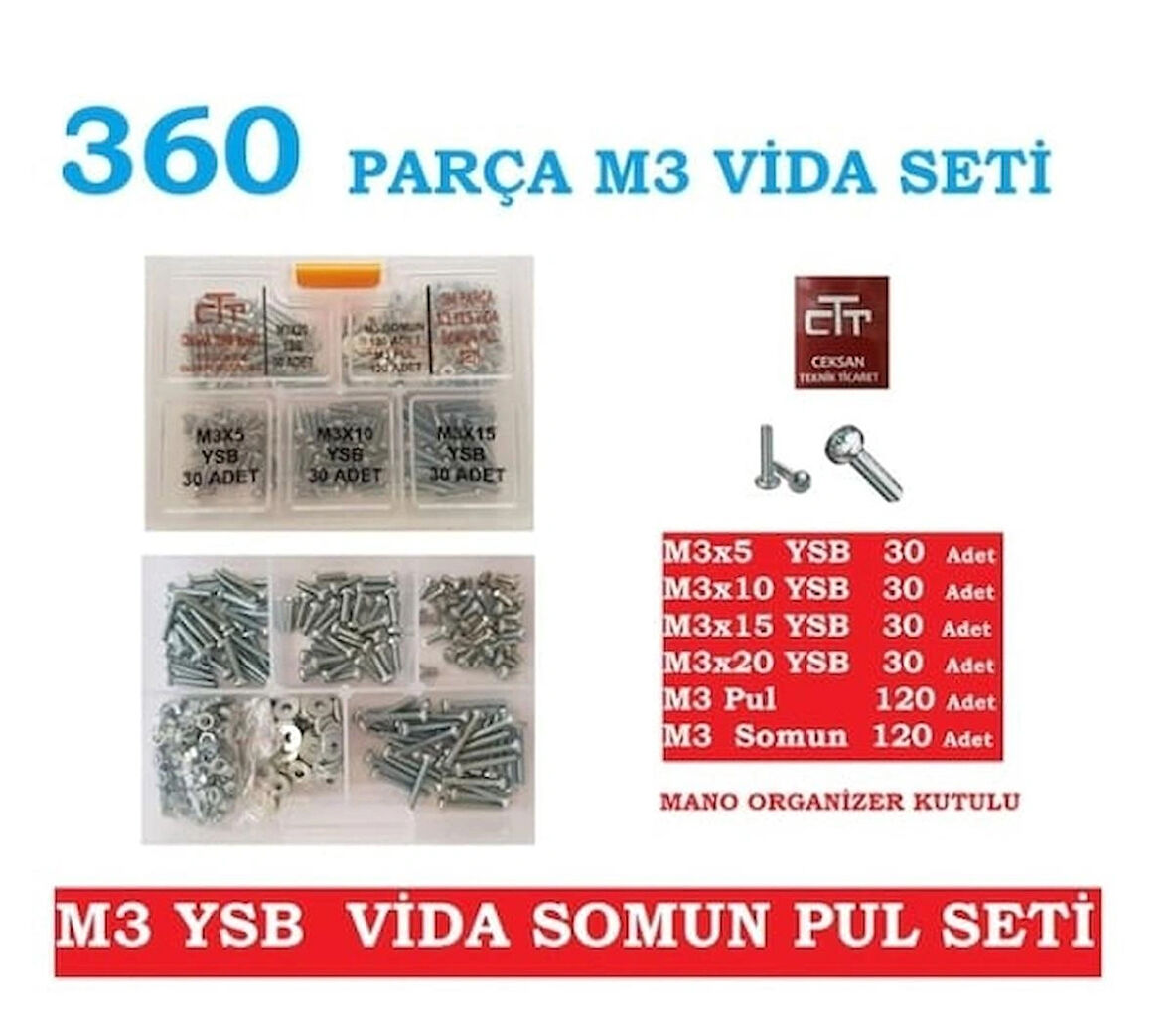 M3 Vida Seti Metrik Ysb Vida -Somun-Pul Seti 360 Parça