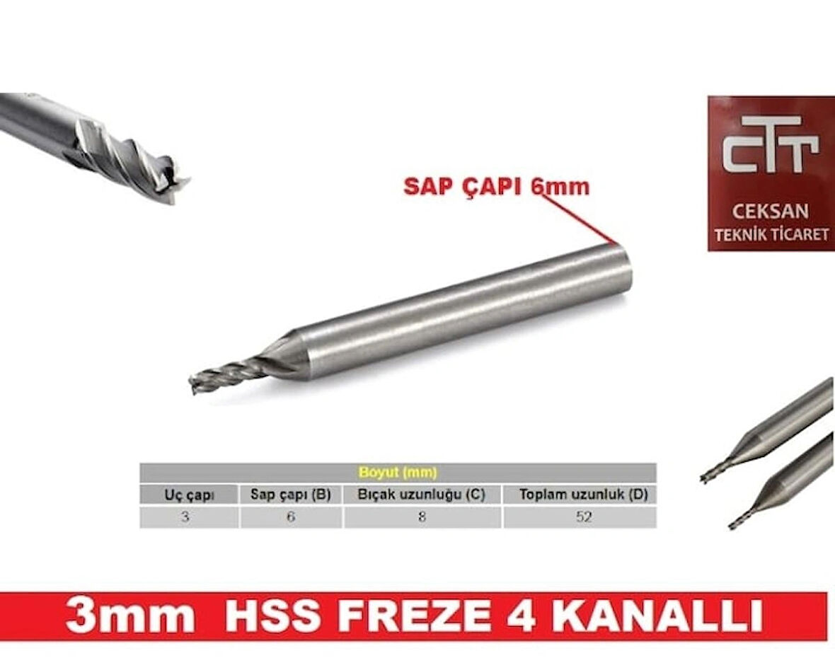 3 Mm Hss Freze 4 Ağızlı Sap Kısmı 6 Mm Kutulu