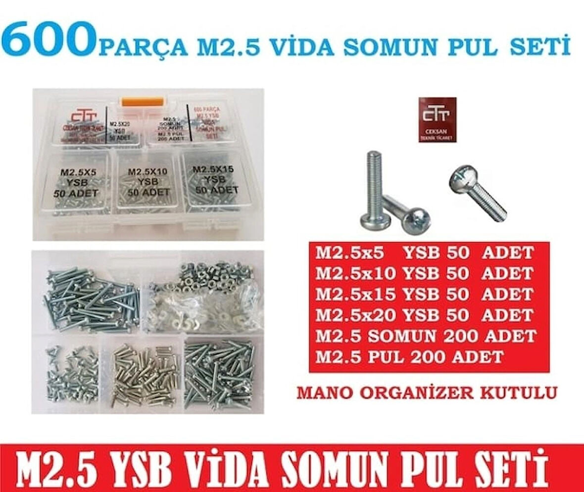 M2.5 Vida-Somun Seti Ysb 600 Parça M2.5 Vida Boylar 5-10-15-20 MM