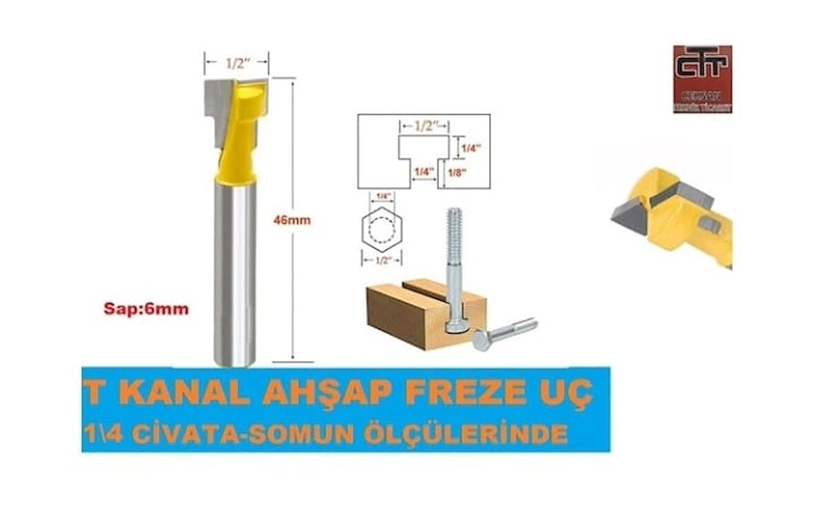 T Freze Ahşap Ucu T Yuva- Civata- Somun Kanalı Açma Sap 6Mm 