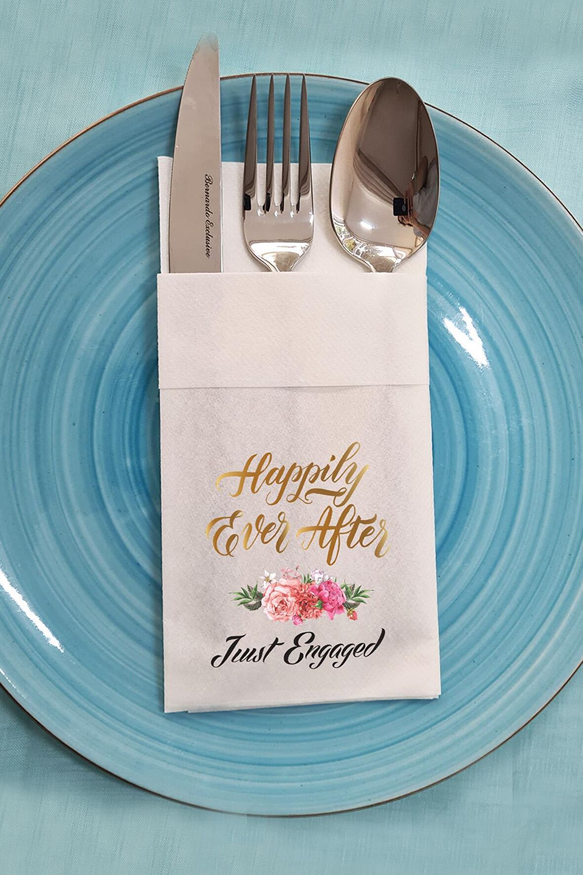 Kumaş Dokulu Cepli Nişan Peçetesi Happily Ever After Organizasyon Peçetesi