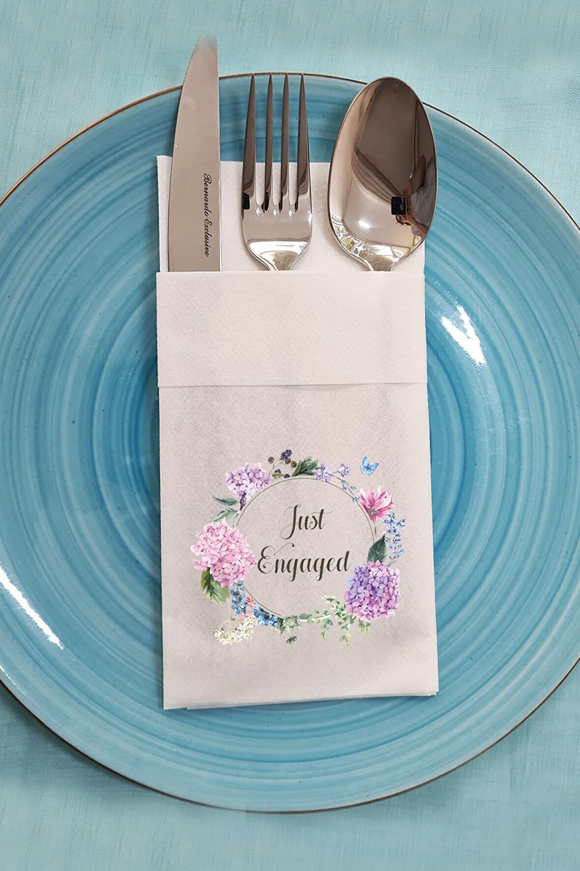 Kumaş Dokulu Cepli Peçete Just Engaged Nişan Masası Peçetesi
