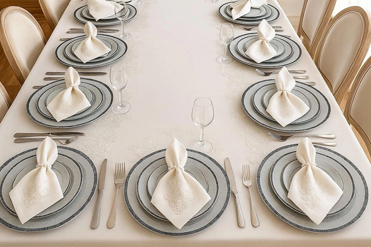 Eces Design Demet Ekru 12 Kişilik 26 Parça Fransız Dantelli Çeyizlik Yemek Masa Örtüsü Seti Runner Takımı