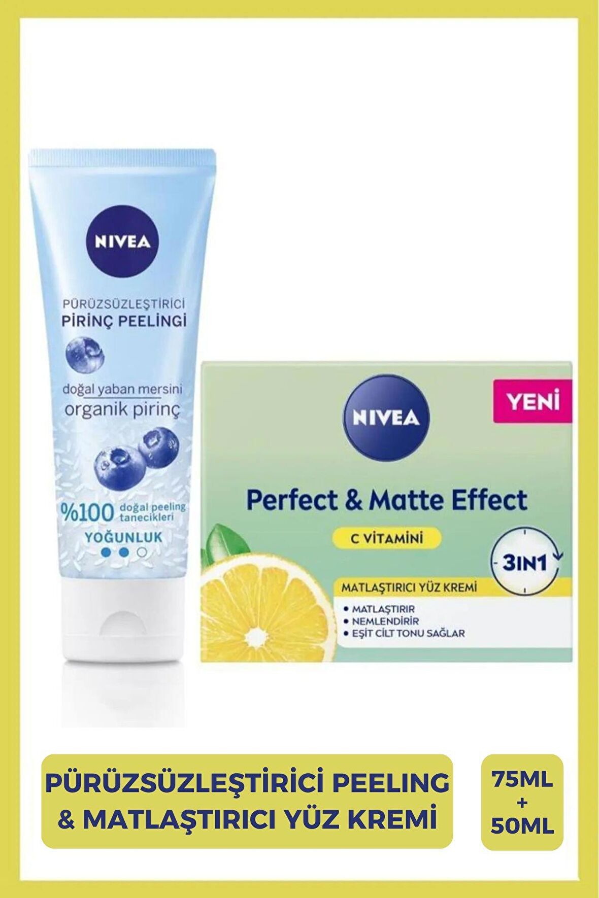 NIVEA Pürüzsüzleştirici Pirinç Yüz Peeleng 75ml ve Perfect&Matte Matlaştırıcı Gündüz Yüz Bakım Kremi 50ml