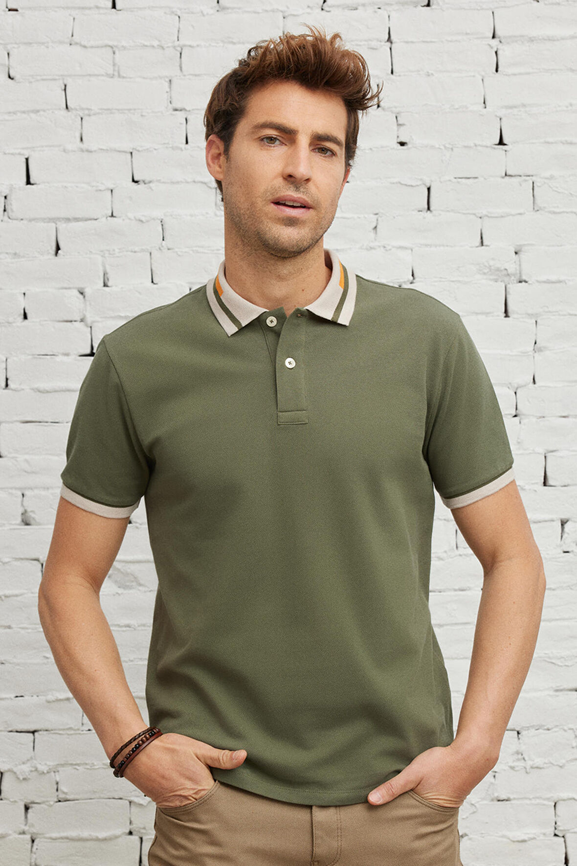 Erkek Haki Slim Fit Dar Kesim %100 Pamuk Kıvrılmaz Polo Yaka Tişört