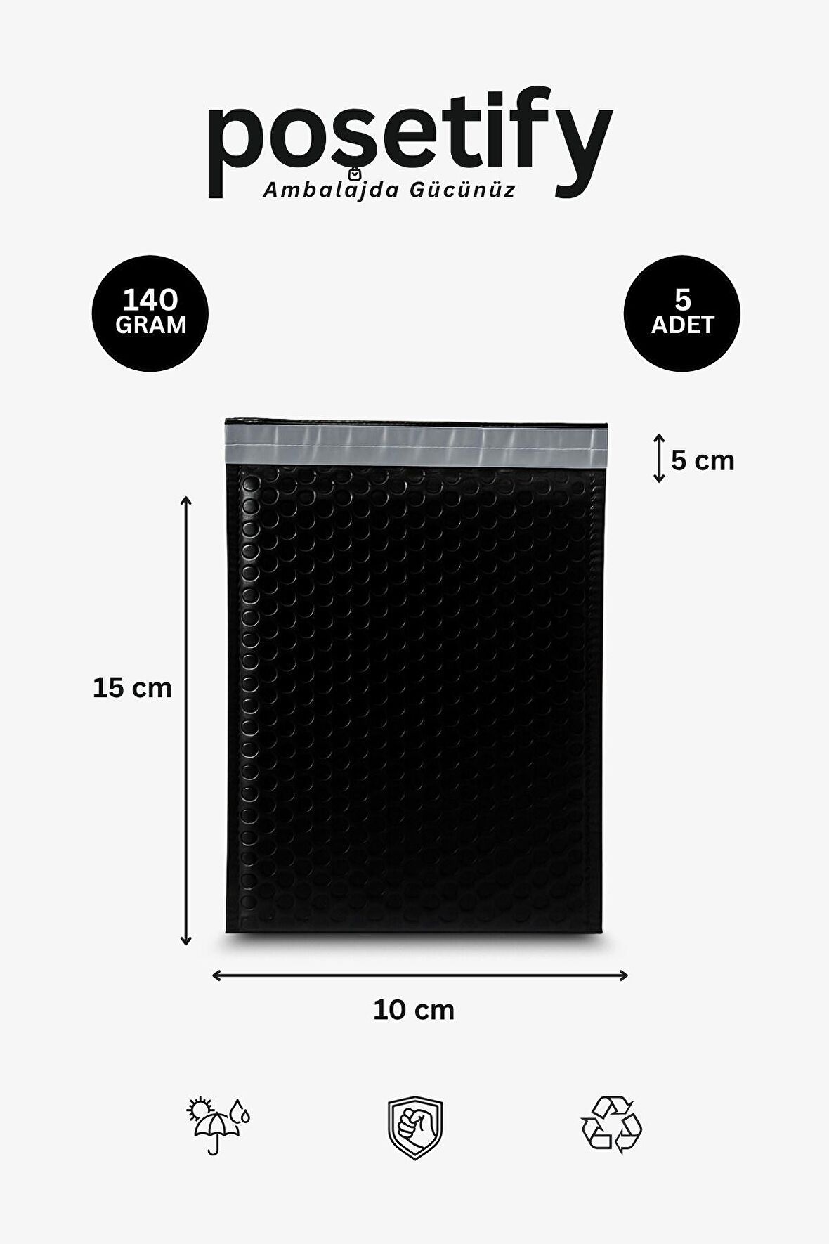 Balonlu Siyah Kargo Poşeti 10x15+5 cm | 140 gr Bantlı Patpatlı Kargo Poşeti | 5’li E-Ticaret Poşeti