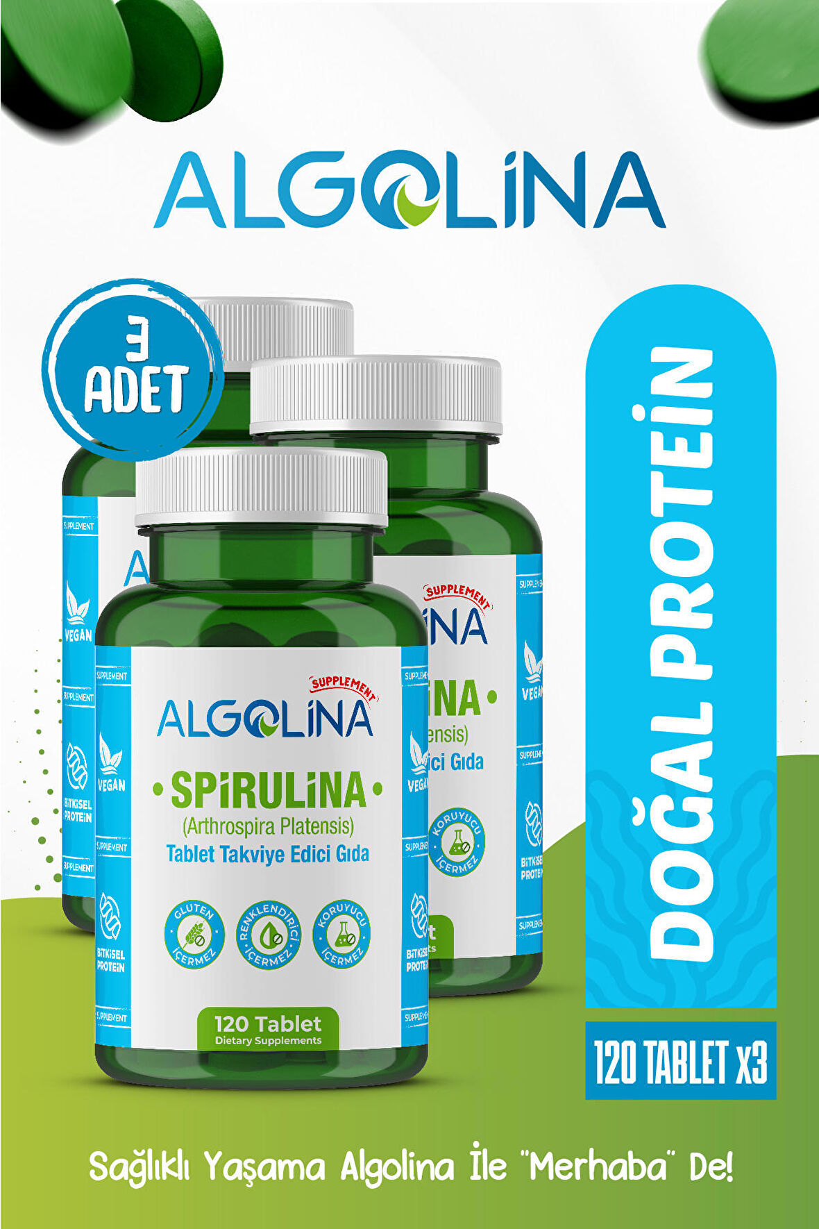 Spirulina 120 Tablet 600 Mg Protein Kaynağı - Takviye Edici Gıda (3 Adet)