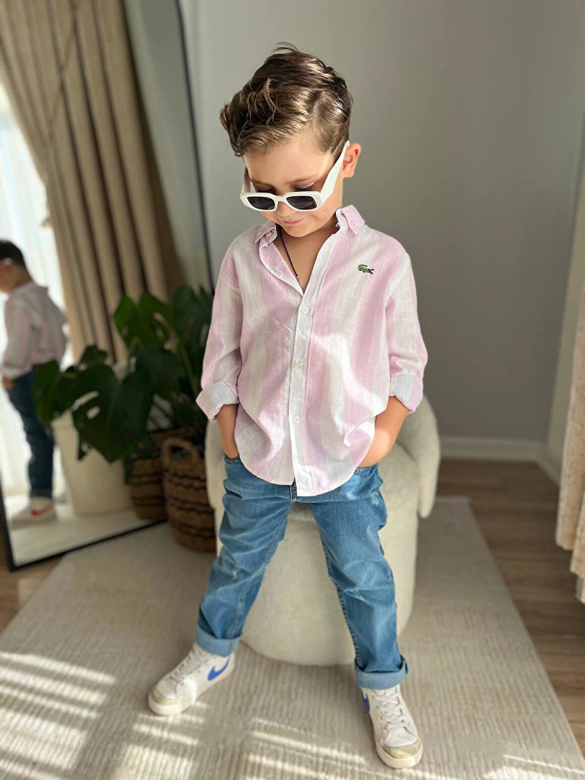 Cg Kids Pembe Dikine Çizgili Ince Keten Gömlek Erkek Çocuk