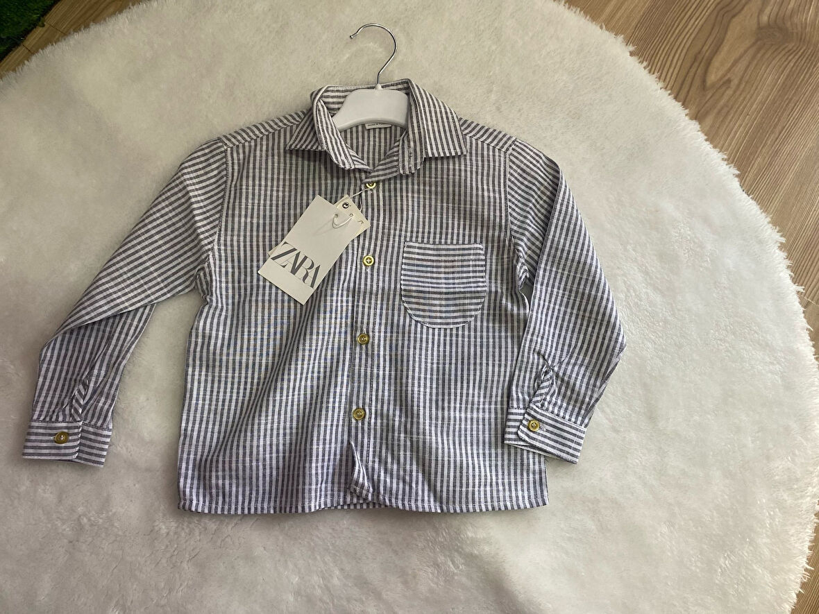 Keten Gri Beyaz Çizgili Erkek Çocuk Gömlek