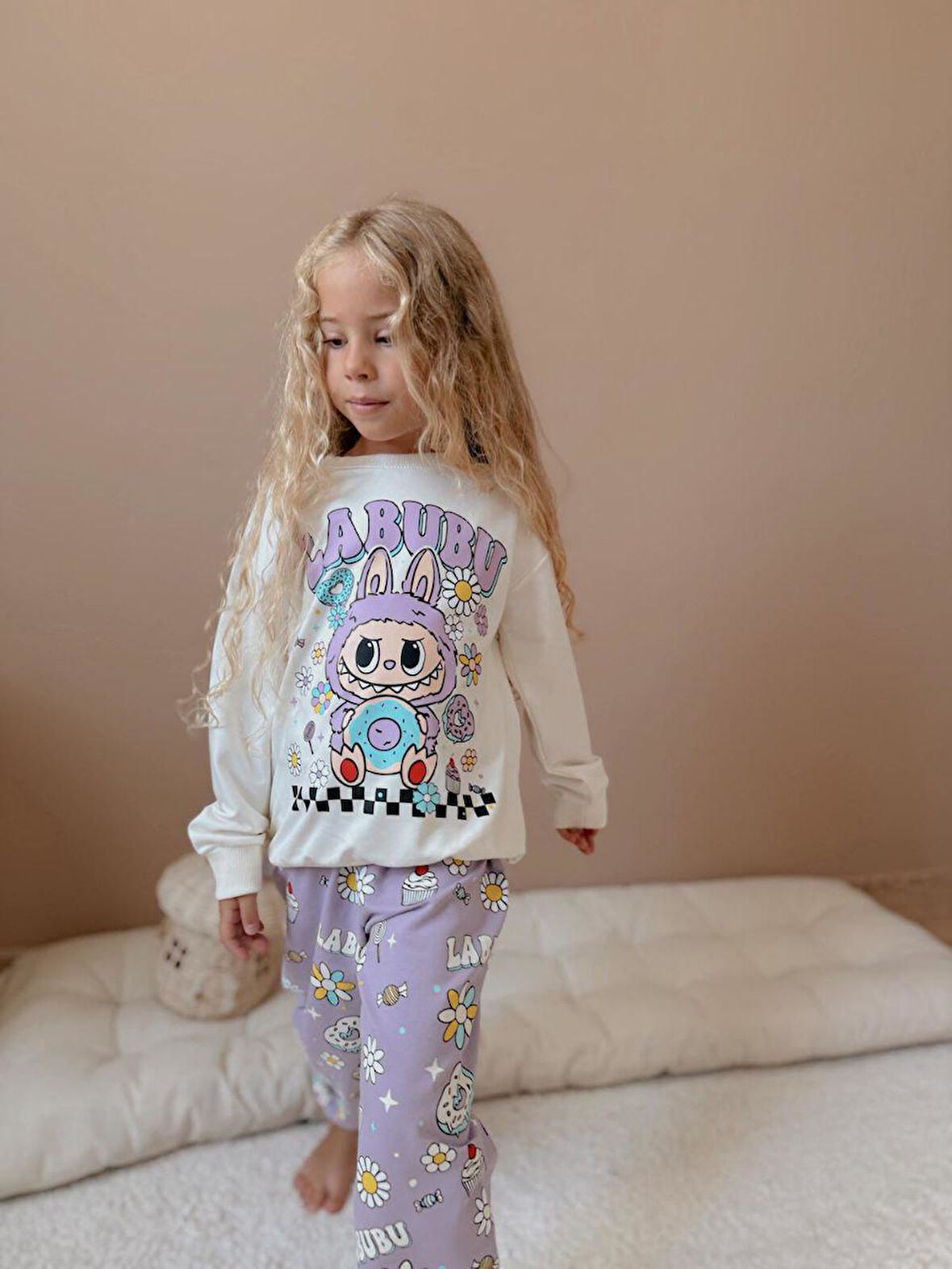 Cg Kids Labubu Donut Baskılı Lila Renk Eşofman Takımı 2 Iplik Kız Çocuk Alt Üst Takım