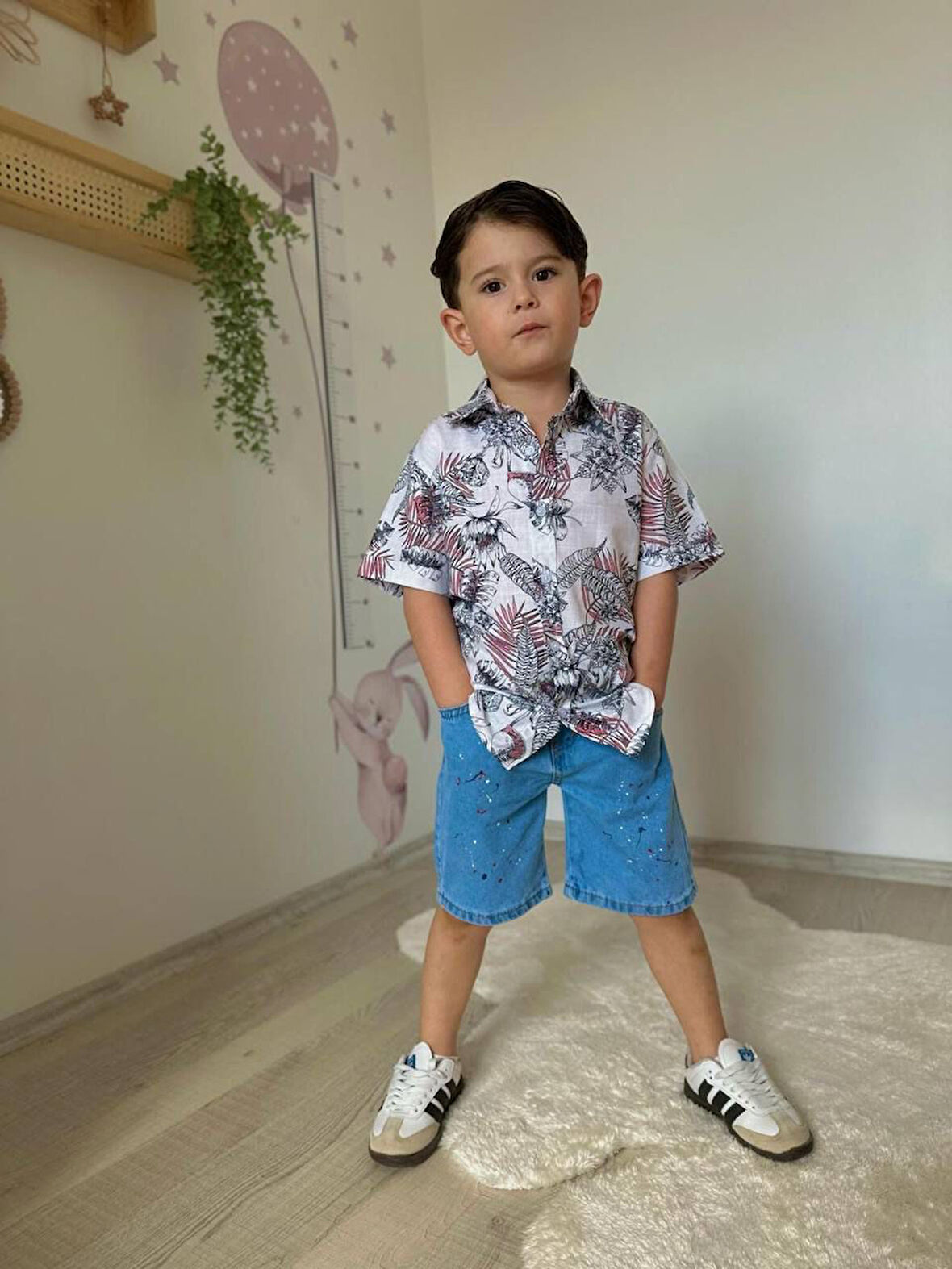 Cg Kids Yaprak Desenli Keten Gömlek Jean Kot Şort Erkek Çocuk Alt Üst Takım