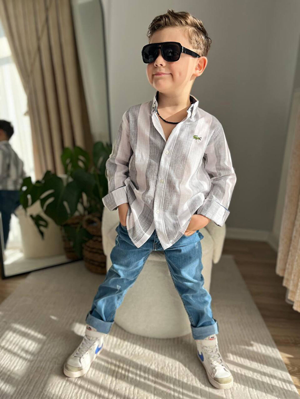 Cg Kids Lacivert Dikine Çizgili Ince Keten Gömlek Erkek Çocuk