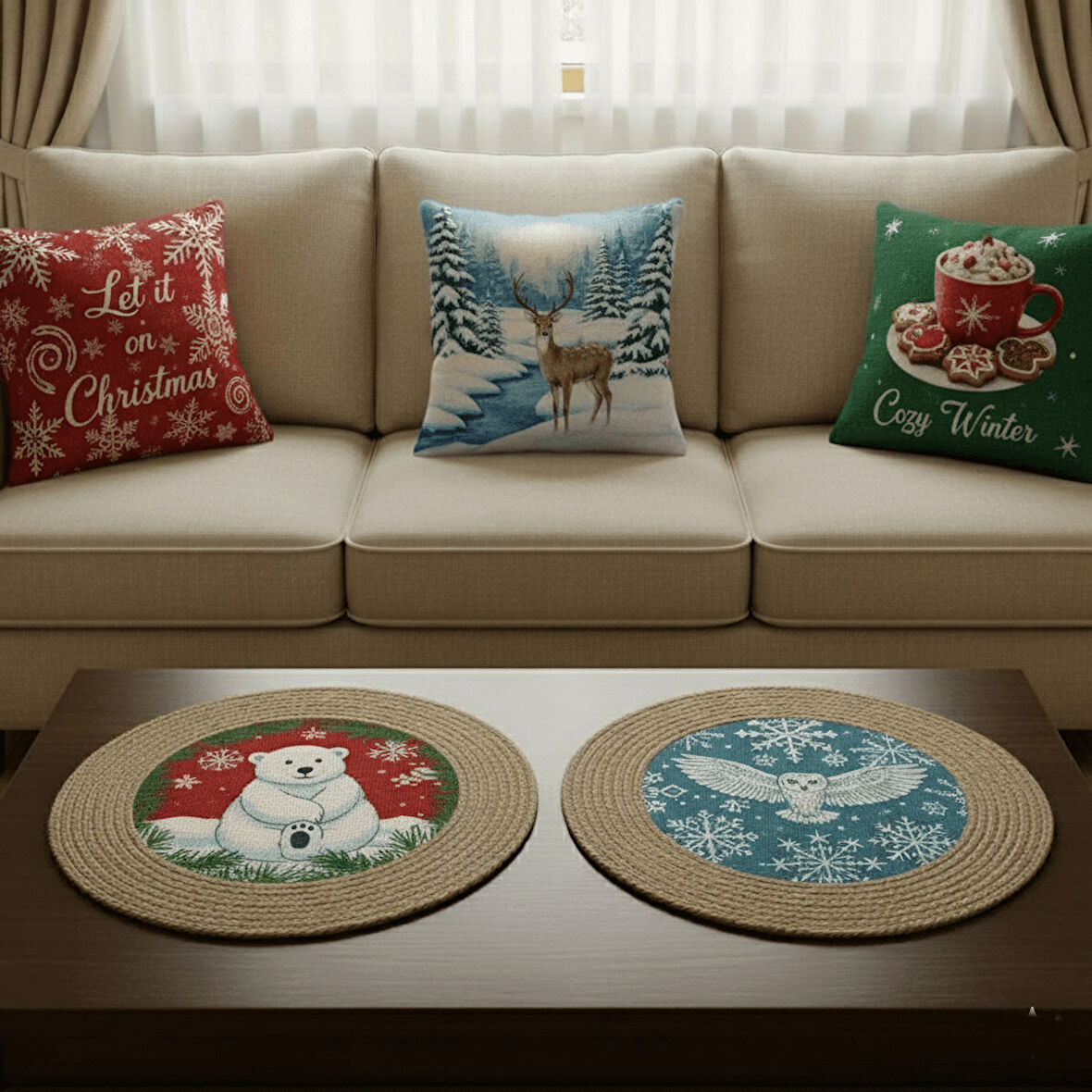 2026 Yeni yılbaşı Temalı 3'lü Keten Kırlent Seti ve El Yapımı 2'li Supla - Yılbaşı Konsepti