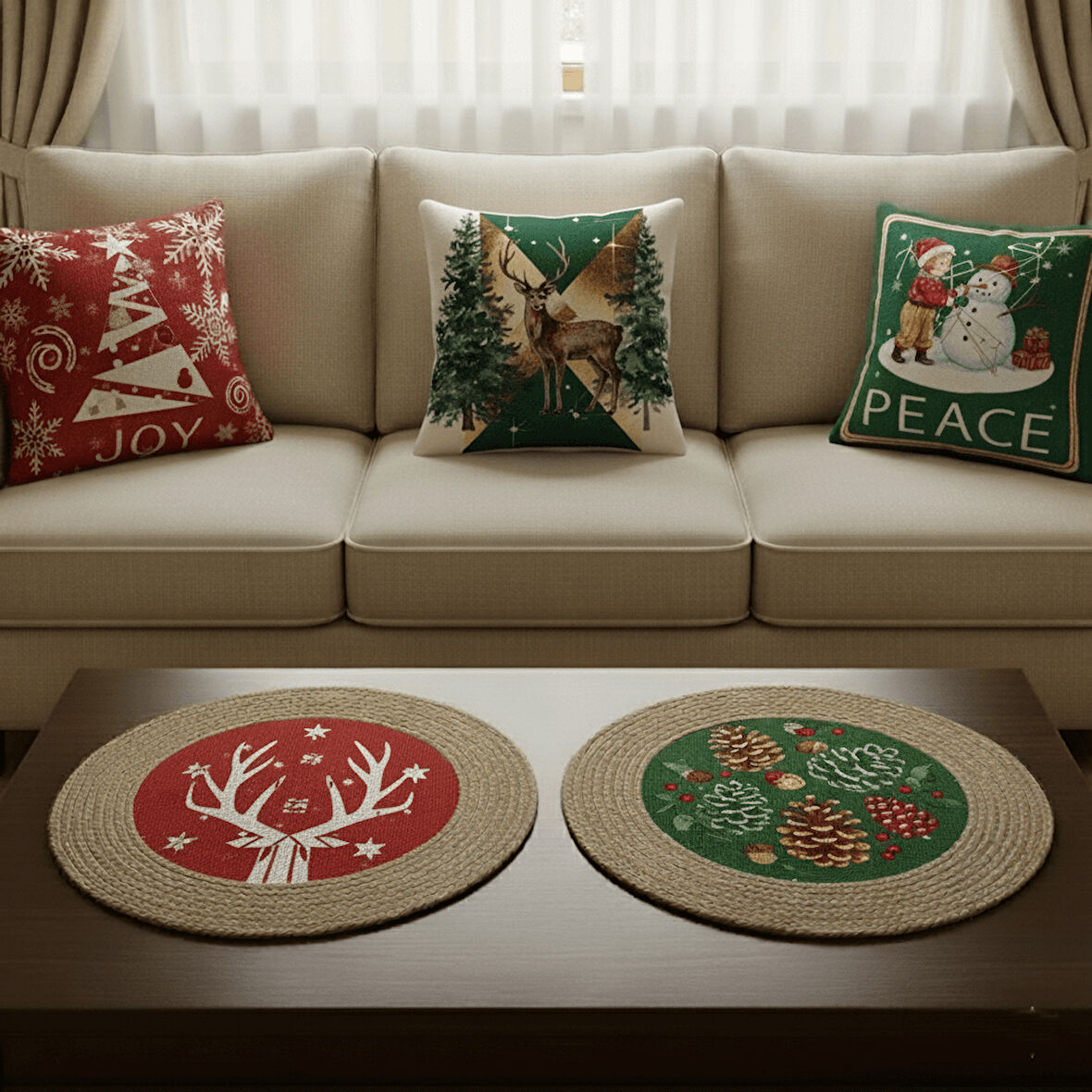 2026 Yeni yılbaşı Temalı 3'lü Keten Kırlent Seti ve El Yapımı 2'li Supla - Yılbaşı Konsepti