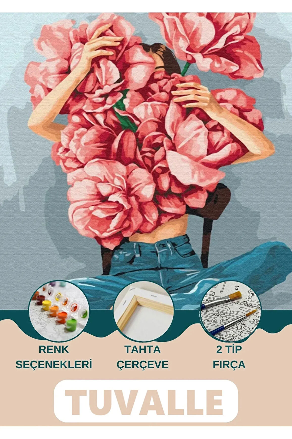 Çiçek Kadın Sayılarla Boyama Seti, Hobi Seti, 40X50 Tablo, Fırça Boya Asma Aparatı Dahil, SaklıGüzel