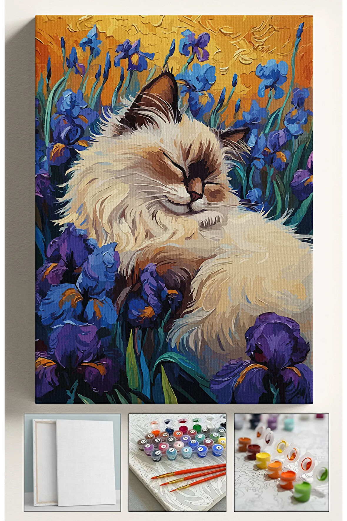 Sayılarla Boyama Seti Numaralı Tuval Fırça Boya Dahil Kasnaklı Set 40x50 Cm - ÇİÇEK ARASI KEDİ