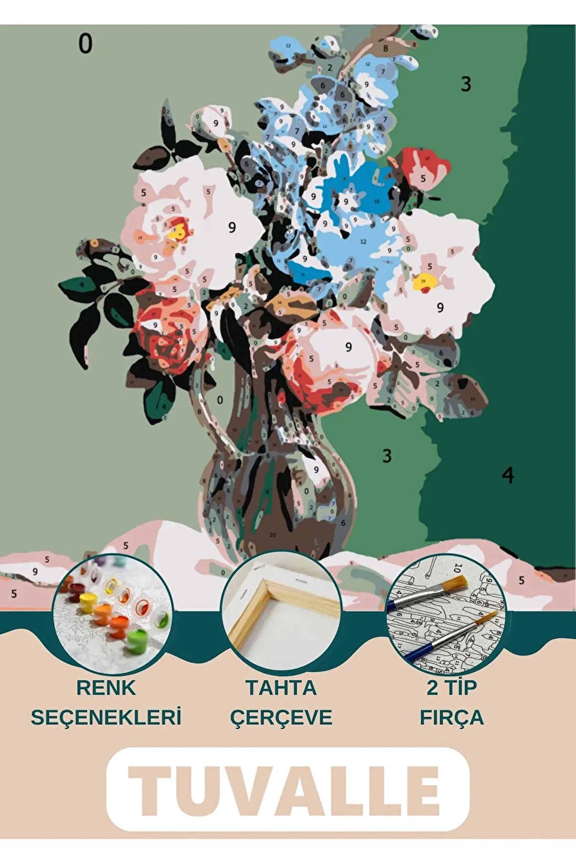 Çiçeklerin Zarafeti Sayılarla Boyama Seti, Hobi Seti, 40X50 Tablo, Fırça Boya Asma Aparatı Dahil