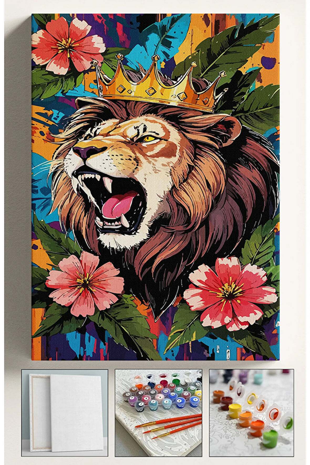 Sayılarla Boyama Seti Numaralı Tuval Fırça Boya Dahil Kasnaklı Set 40x50 Cm - ÇİÇEKLİ ASLAN