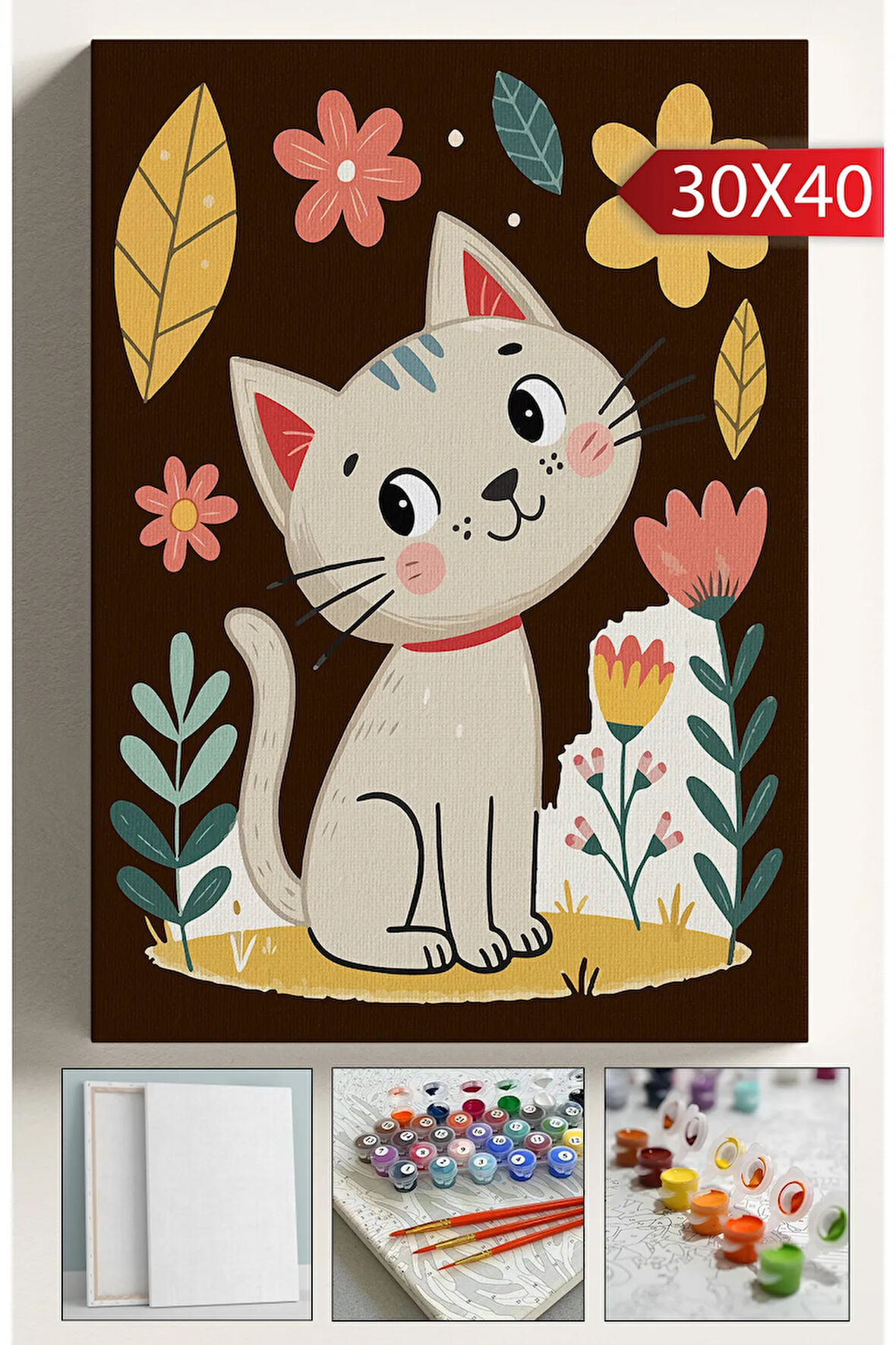 Sayılarla Boyama Tuval Seti Fırça Boya Dahil (Çıtalı) 30x40 CM - Çiçekli Kedi