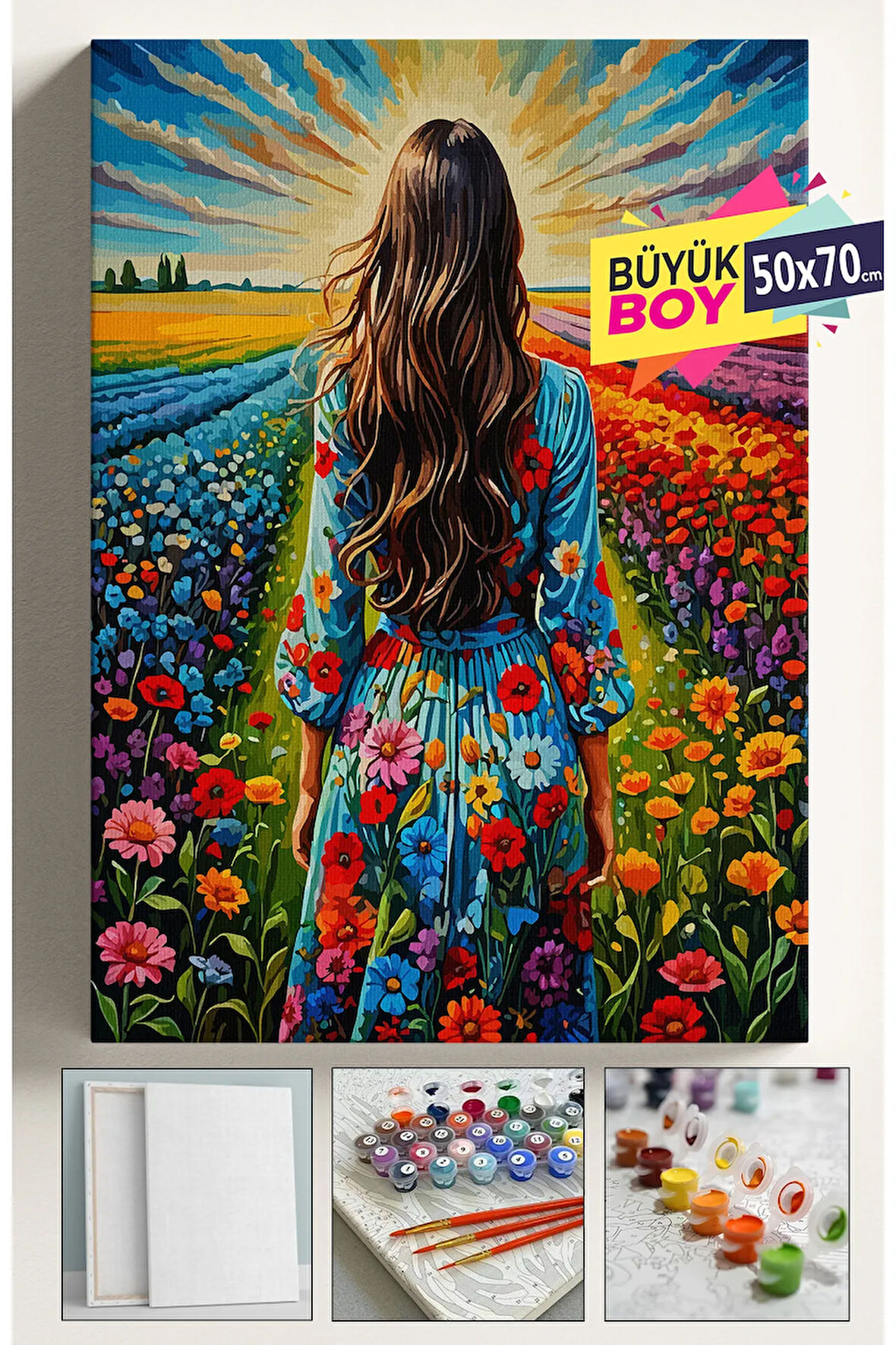 Sayılarla Boyama Seti Numaralı Tuval Fırça Boya Dahil Kasnaklı Set 50x70 Cm - ÇİÇEK TARLASI 01