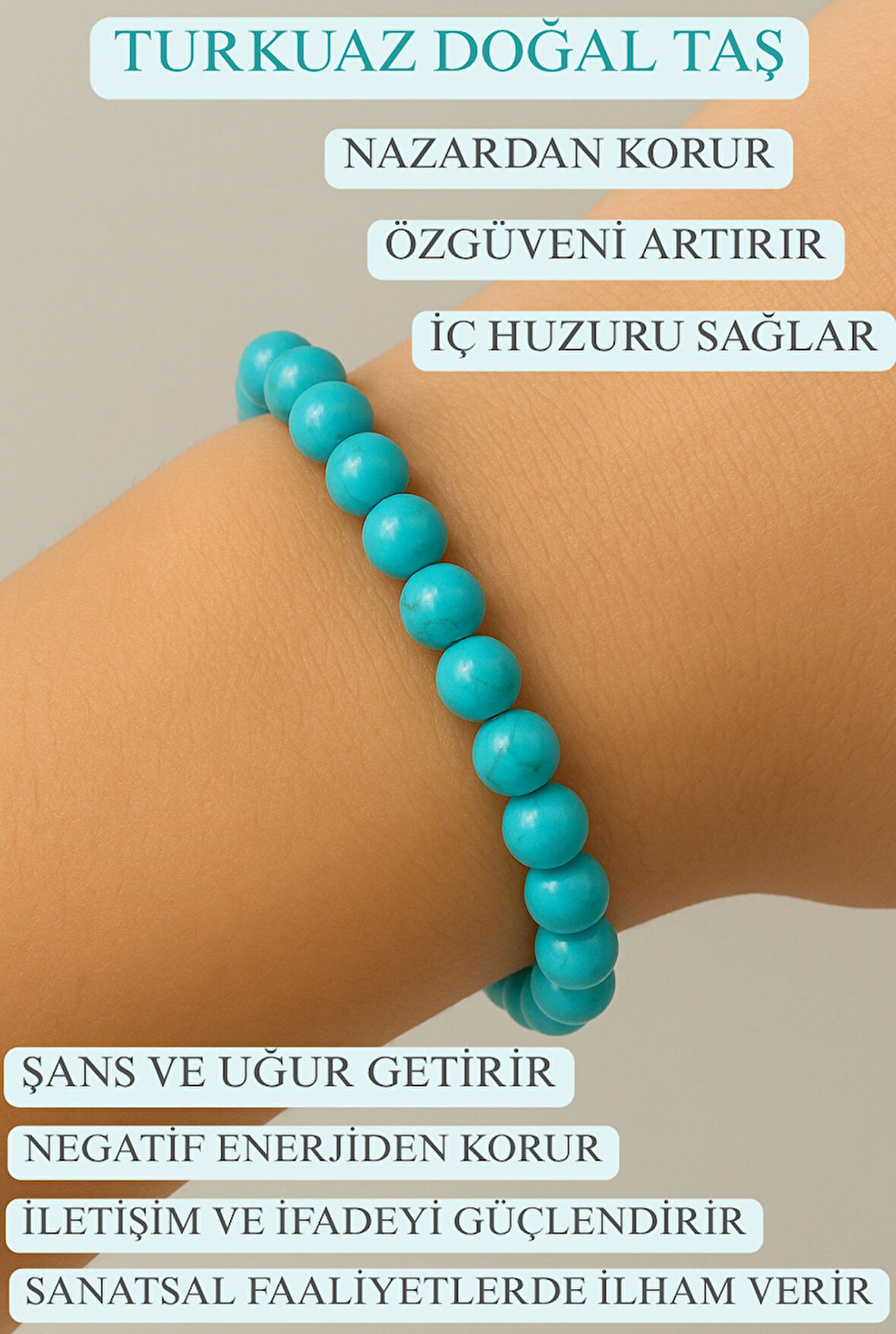 Turkuaz Doğal Taş Bileklik 6mm – Negatif Enerjiden Korur, İç Huzuru Artırır, Şans ve Uğur Getirir