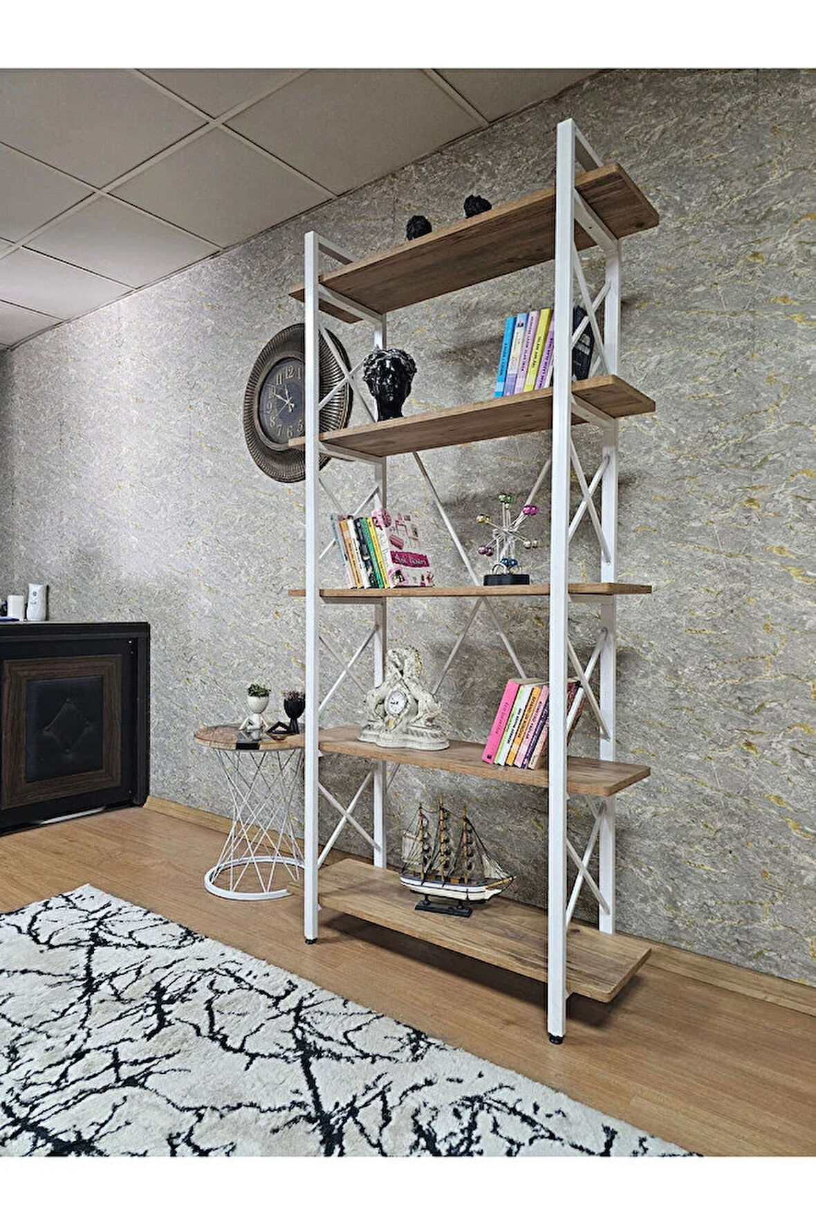 Çıkıntılı Beyaz Boyalı Kitaplık - 5 Raflı Suntalem Lüks Kitaplık Atlas Çam