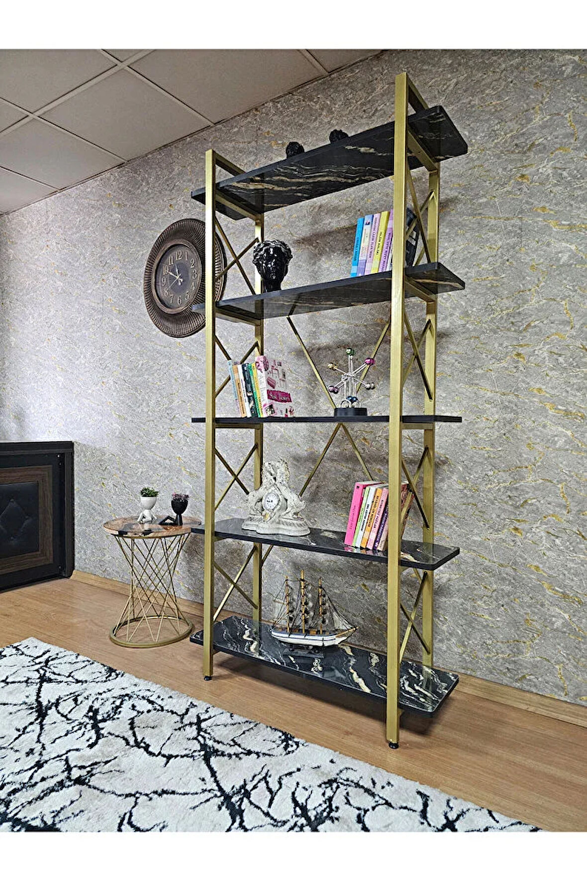 Çıkıntılı Gold Boyalı Kitaplık - 5 Raflı Suntalem Lüks Kitaplık Luanda