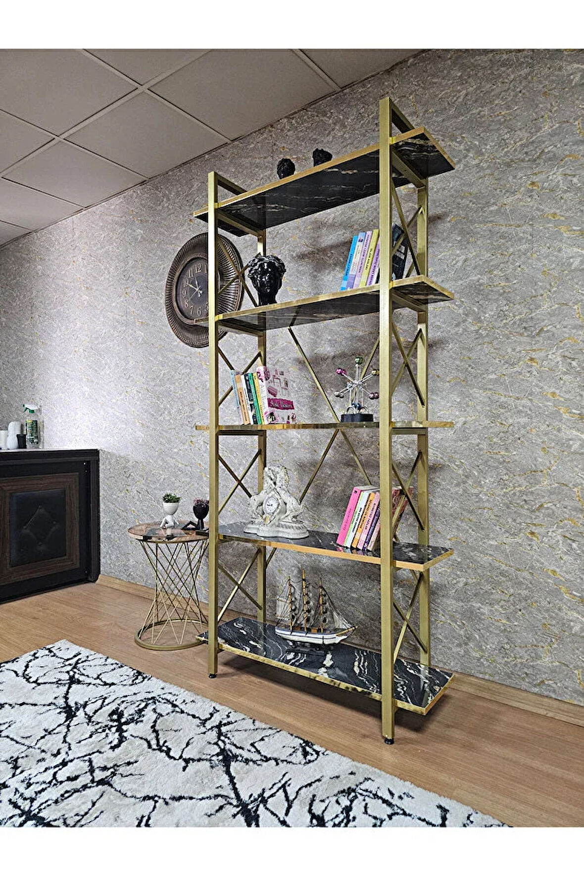 Çıkıntılı Gold Boyalı Kitaplık - 5 Raflı Suntalem Lüks Kitaplık Luand Gold Cumba